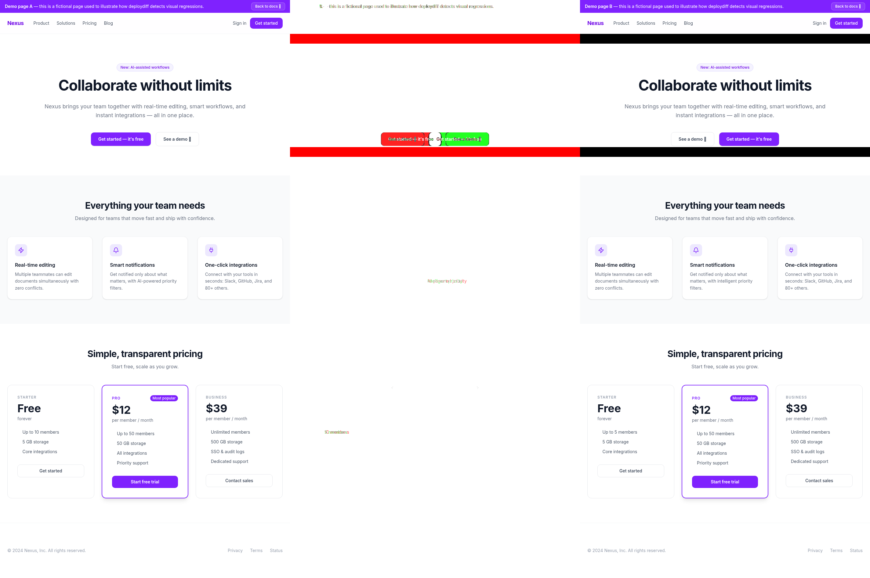 Visual diff between Nexus page A and page B